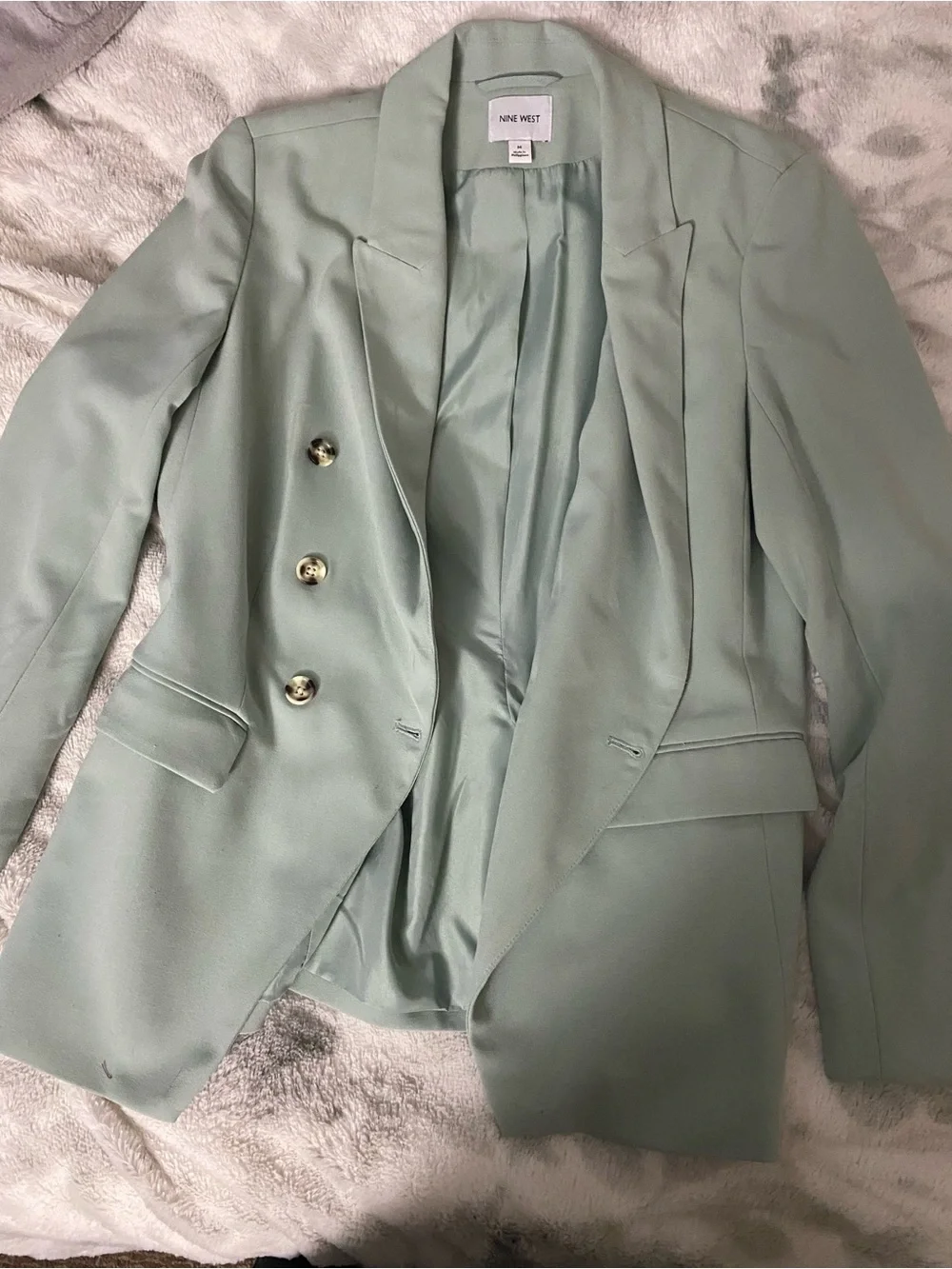Nine West Mint Green Double-Breasted Blazer with Gold Buttons